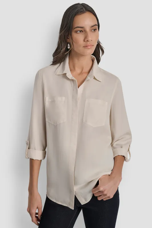 SPLIT BACK BUTTON FRONT WITH ROLL TAB made by DKNY