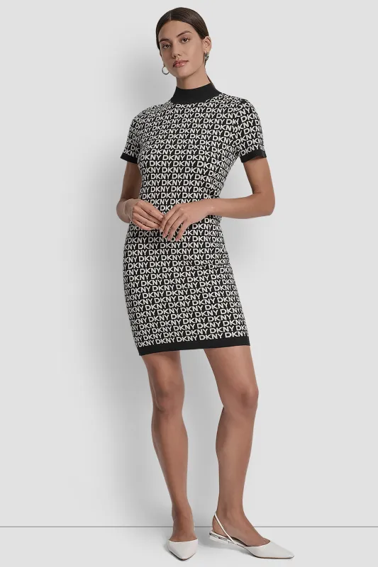 LOGO JACQUARD BALLET SLEEVE MOCK NECK SHORT DRESS sold by DKNY