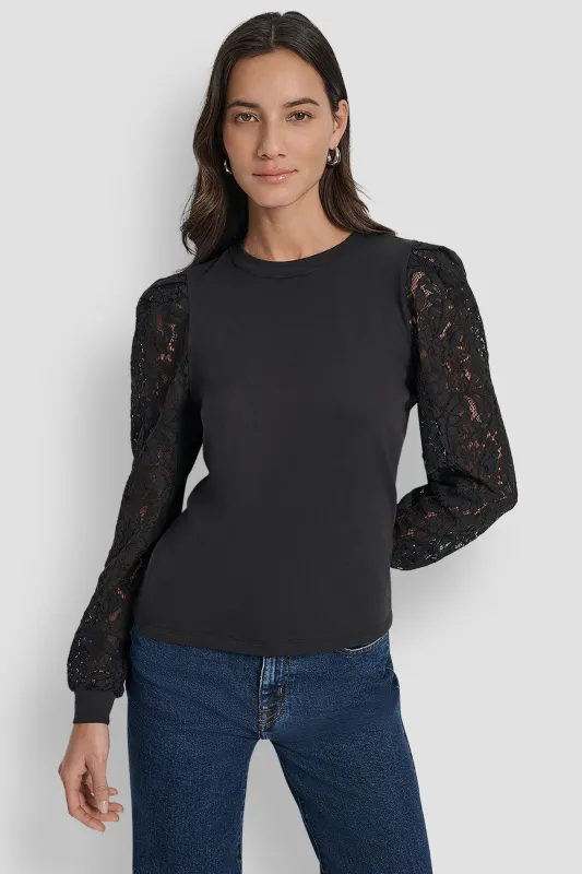 LACE PUFF LONG SLEEVE CREW NECK TEE sold by DKNY