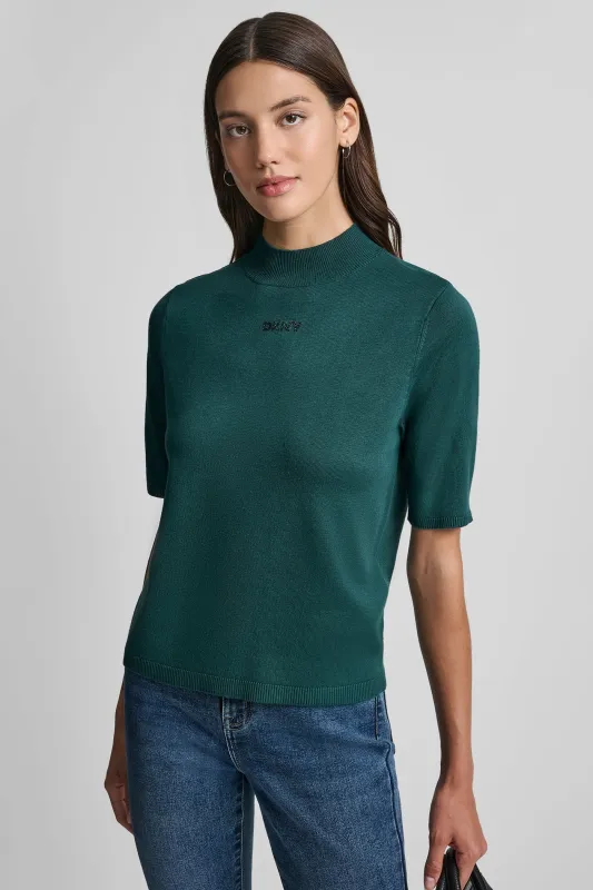 SHORT SLEEVE HOTFIX LOGO MOCK NECK SWEATER sold by DKNY