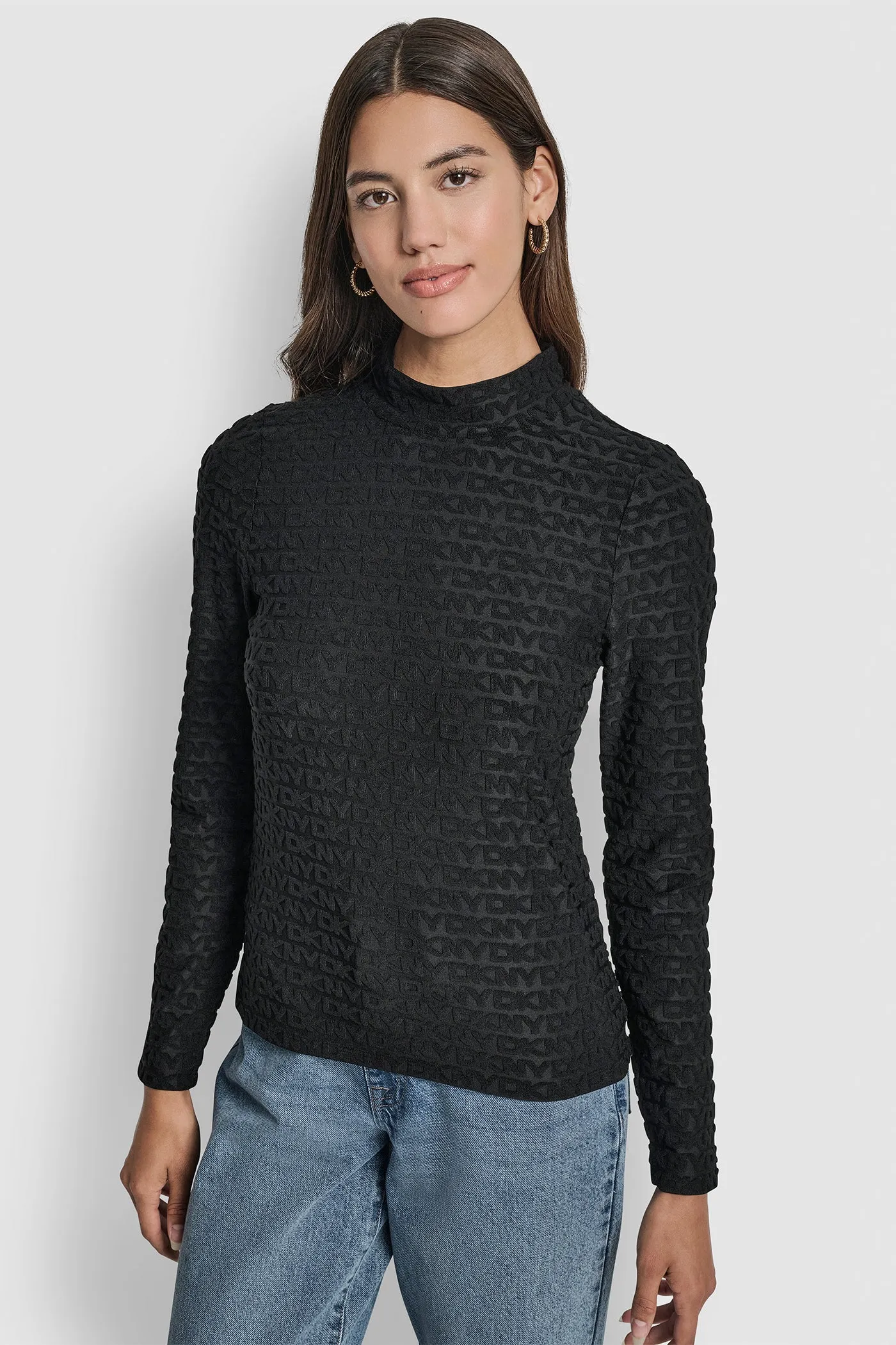 LOGO JACQUARD LONG SLEEVE MOCK NECK TEE sold by DKNY