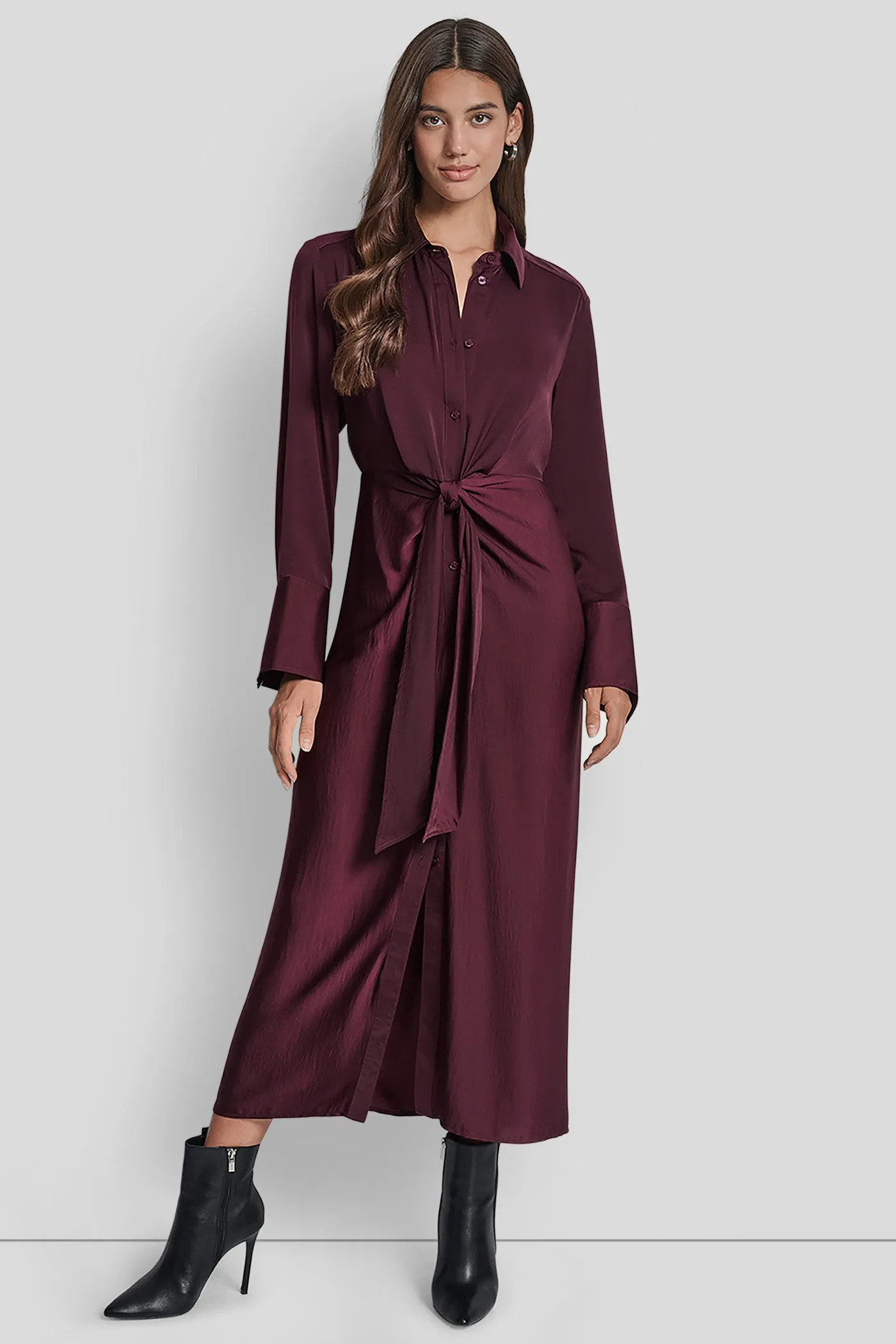 LONG SLEEVE BUTTON FRONT SHIRT DRESS WITH TIE WAIST sold by DKNY