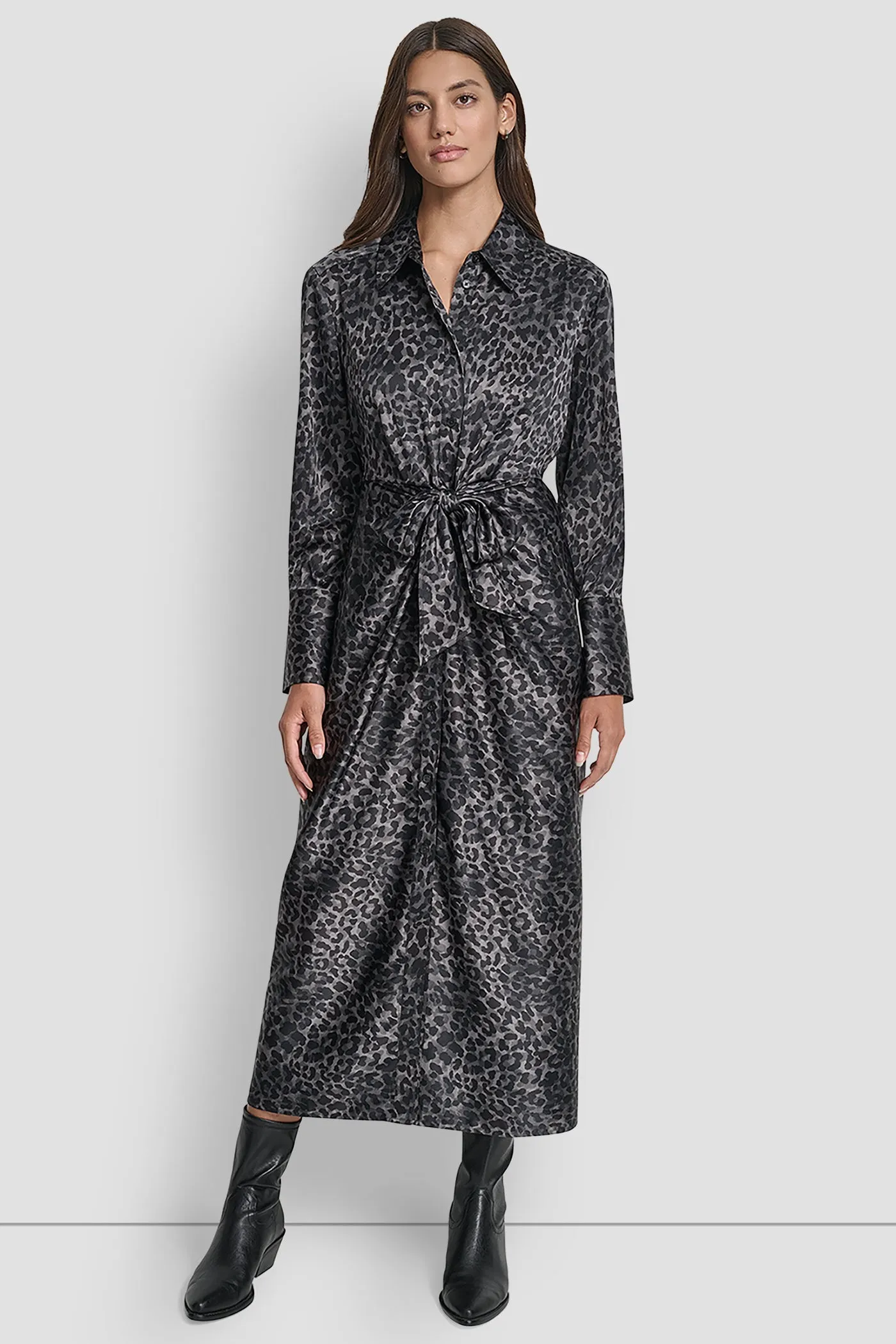 LONG SLEEVE BUTTON FRONT SHIRT DRESS WITH TIE WAIST sold by DKNY