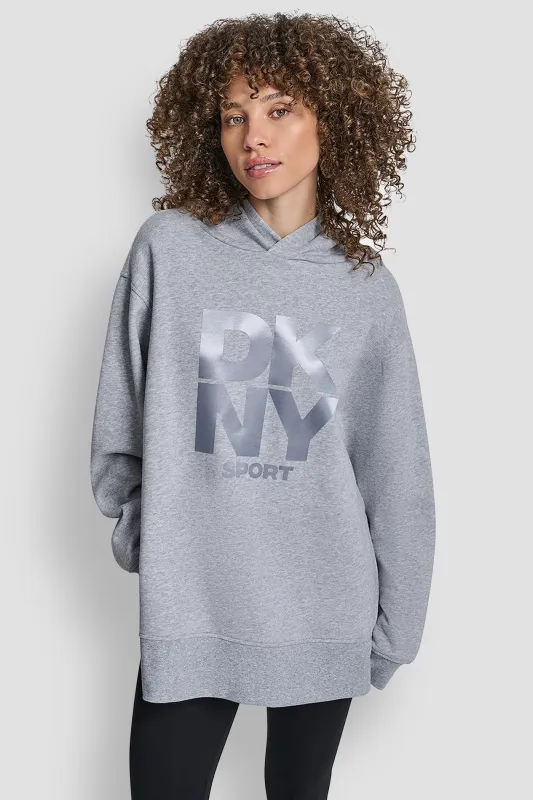 STACKED SATIN LOGO HIGH LOW TUNIC HOODIE sold by DKNY