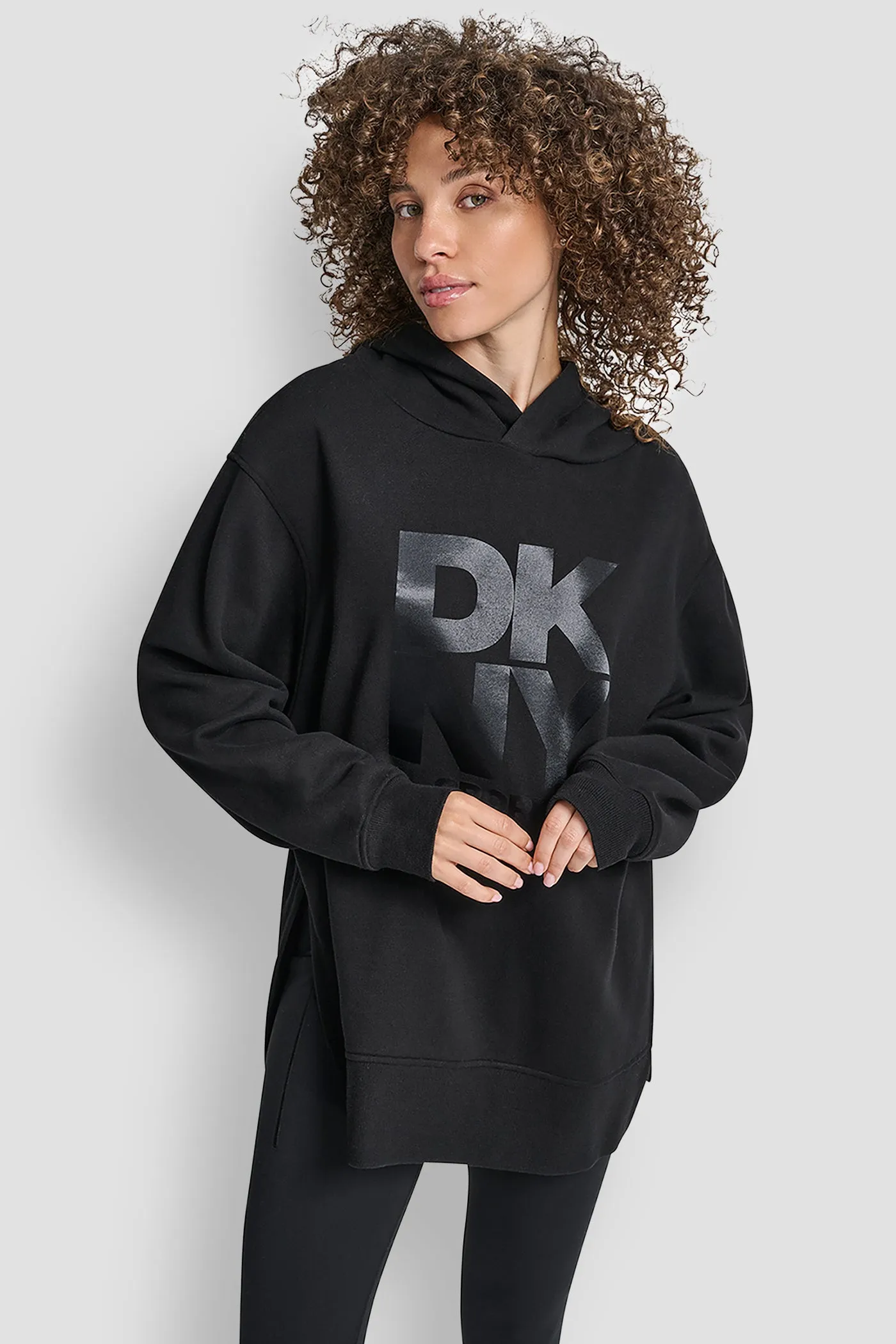STACKED SATIN LOGO HIGH LOW TUNIC HOODIE sold by DKNY