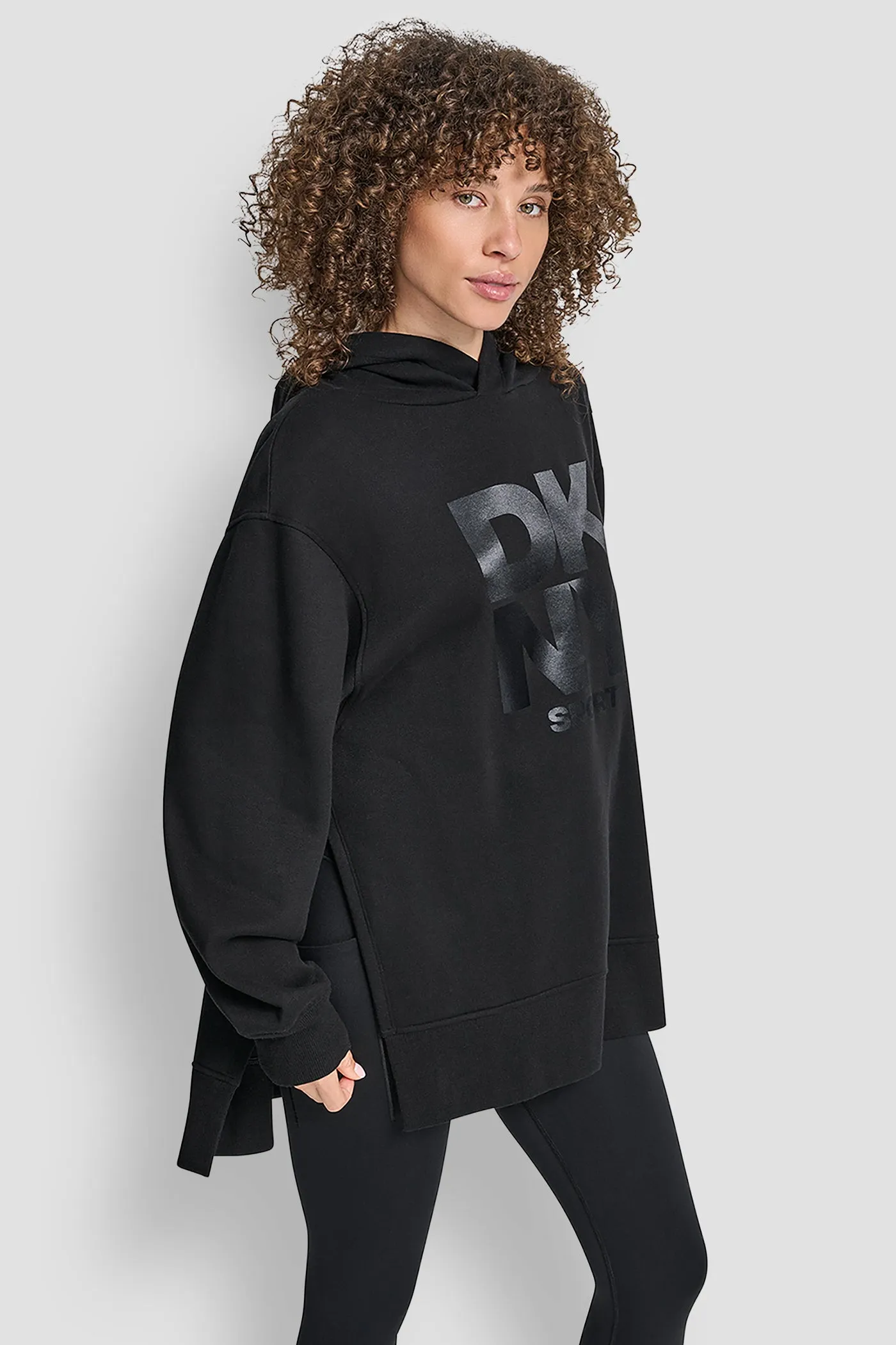 STACKED SATIN LOGO HIGH LOW TUNIC HOODIE sold by DKNY product image thumbnail 3