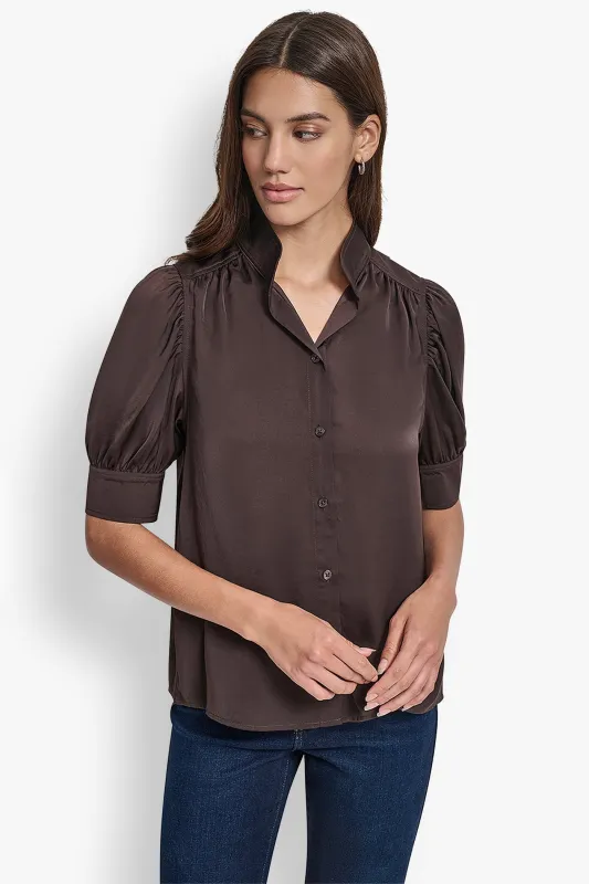 PUFF SLEEVE COLLARLESS SHIRT sold by DKNY