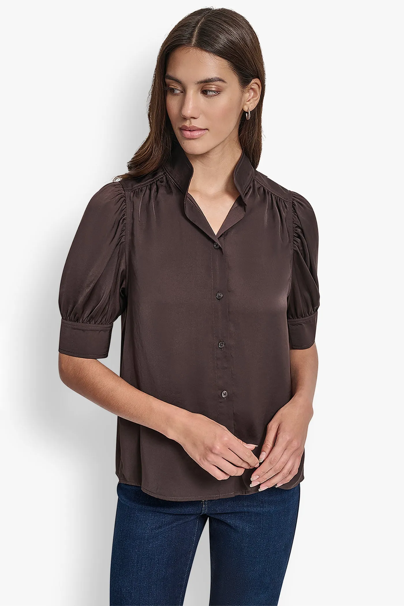 PUFF SLEEVE COLLARLESS SHIRT sold by DKNY