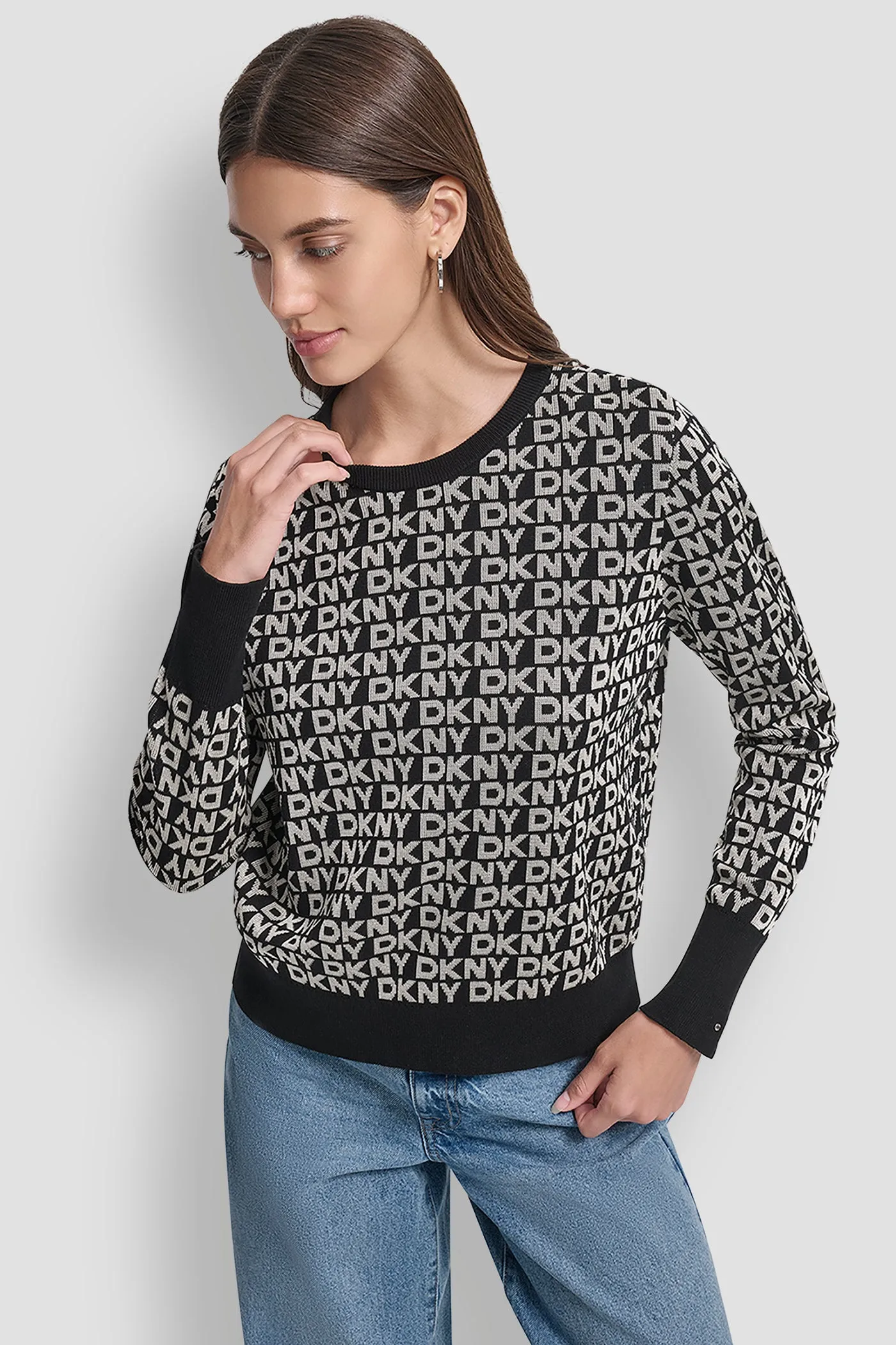 LONG SLEEVE CREW NECK LOGO SWEATER WITH CUFF SLIT sold by DKNY