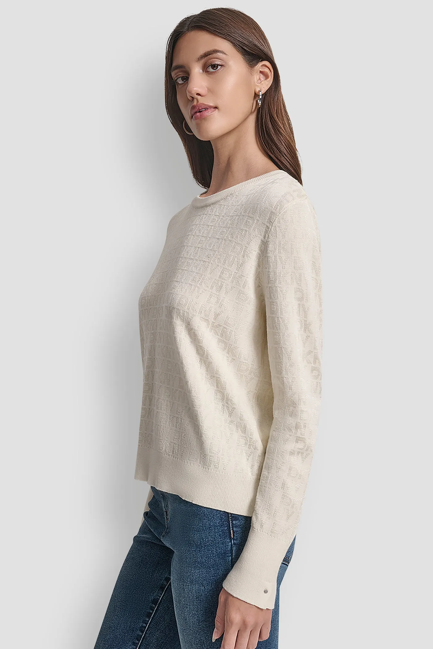 LONG SLEEVE CREW NECK LOGO SWEATER WITH CUFF SLIT sold by DKNY product image thumbnail 3