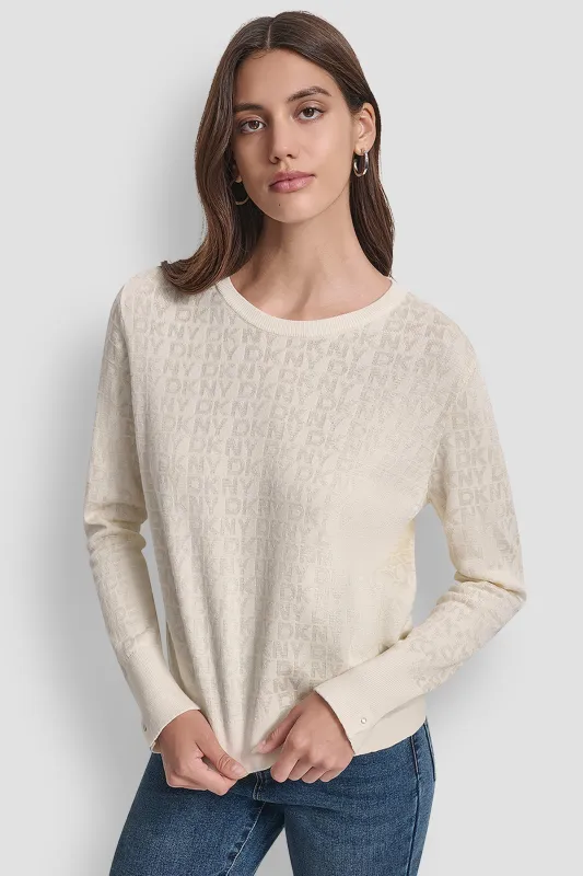 LONG SLEEVE CREW NECK LOGO SWEATER WITH CUFF SLIT sold by DKNY