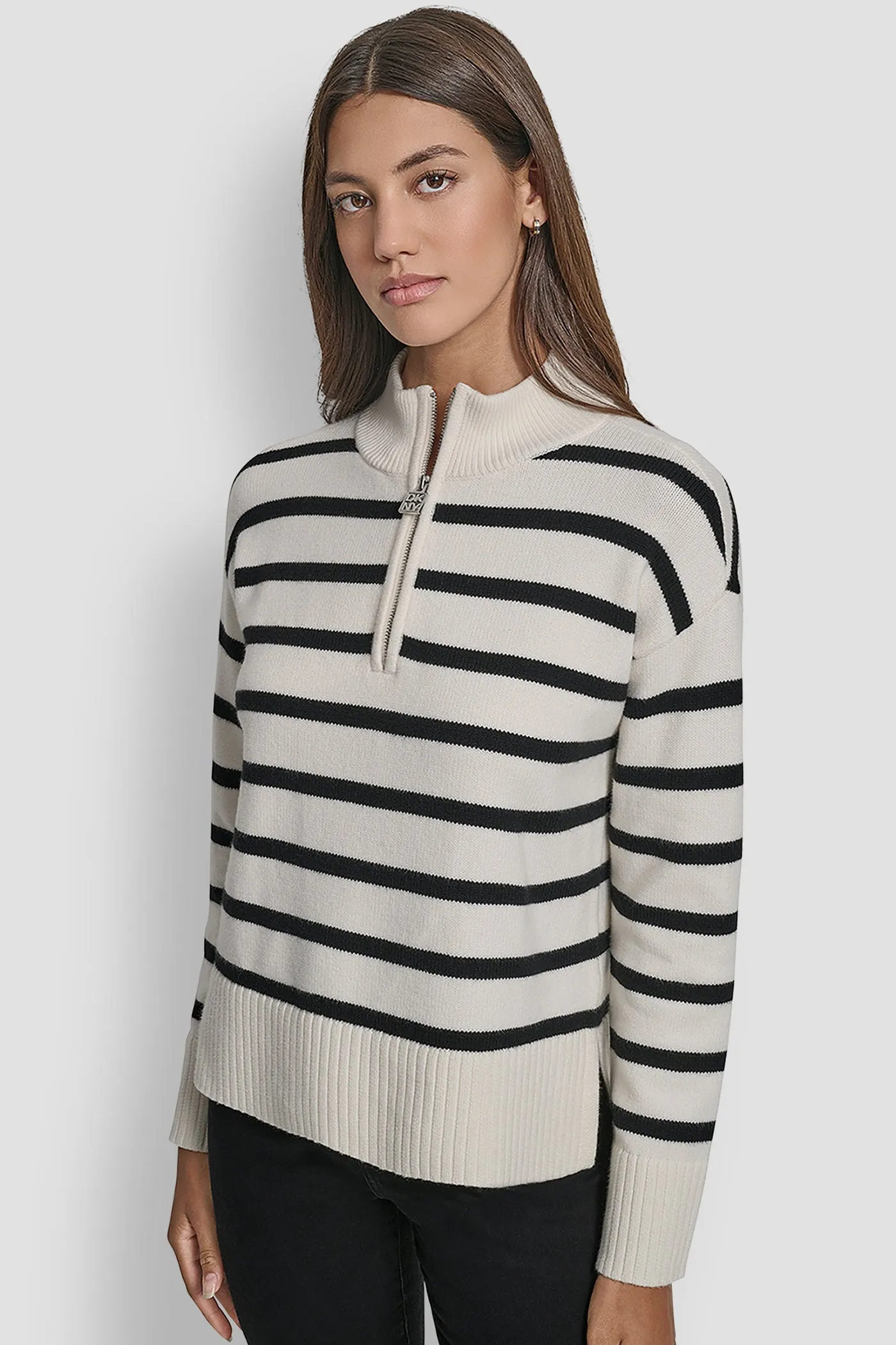 LONG SLEEVED 1/4 ZIP COLLAR STRIPED SWEATER sold by DKNY
