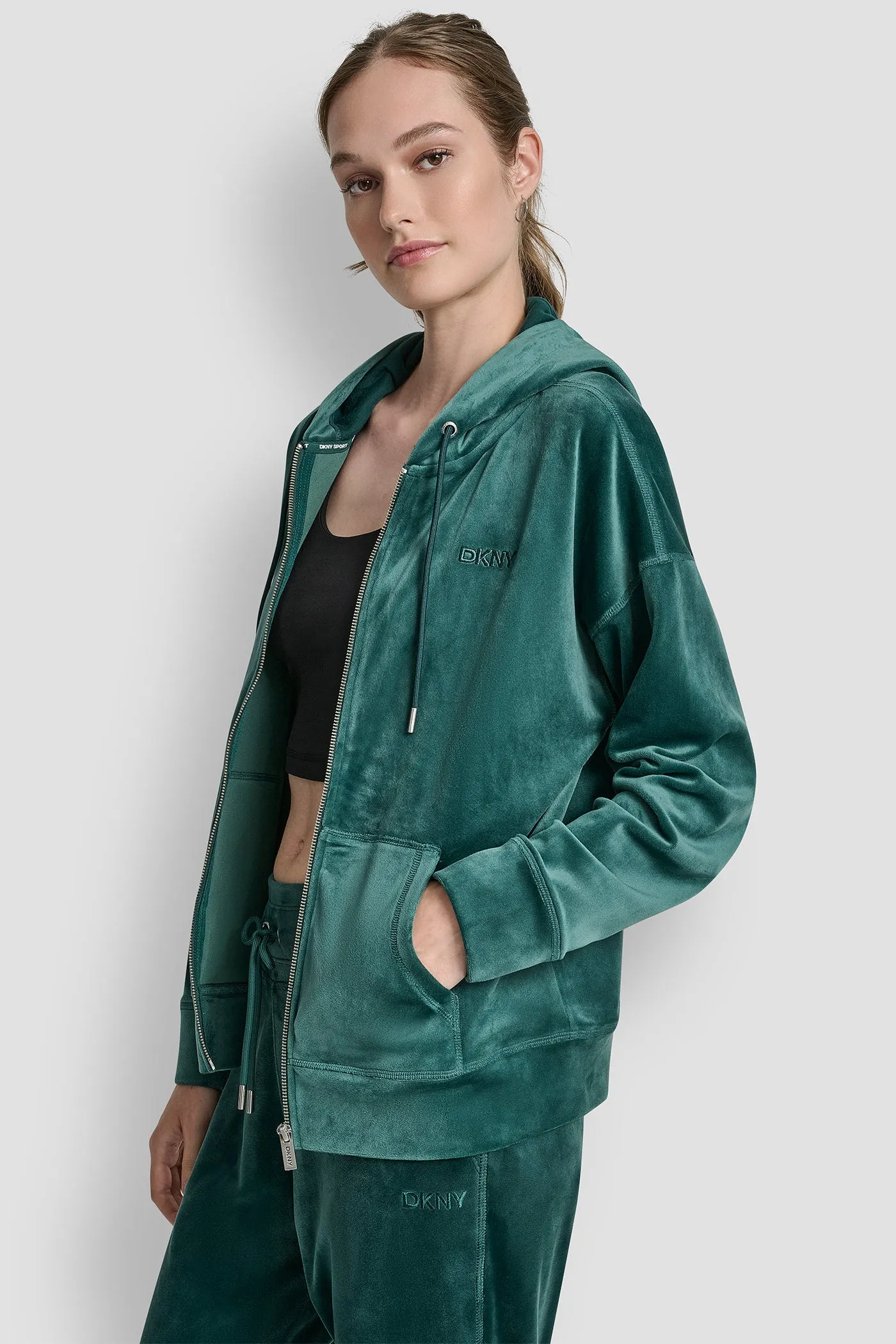 VELOUR HD EMBROIDERY LOGO FULL ZIP HOODIE sold by DKNY product image thumbnail 3