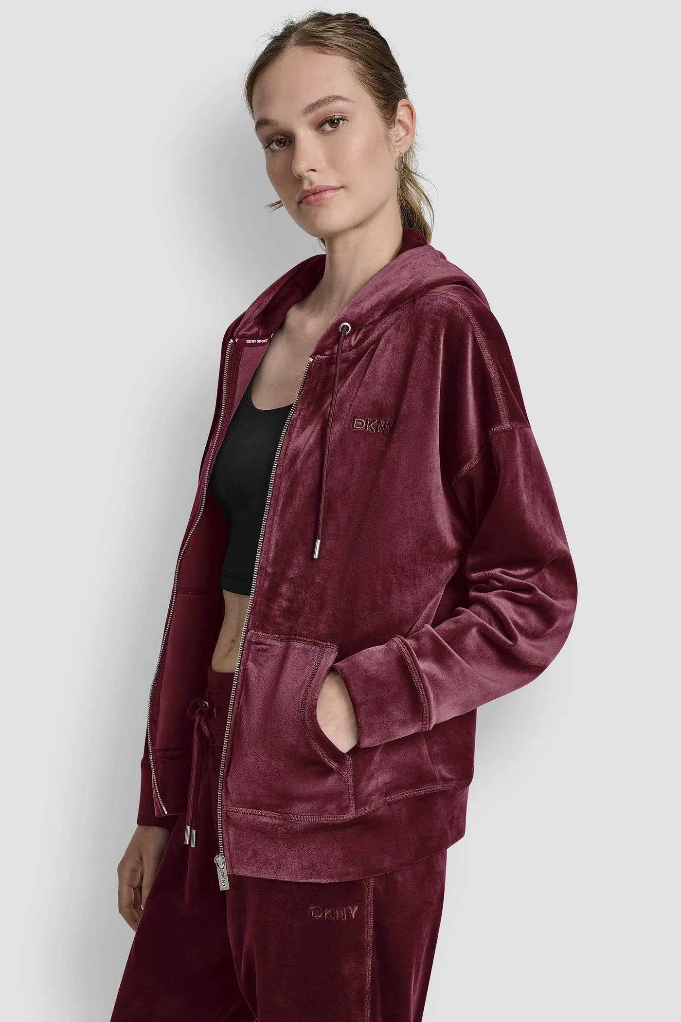 VELOUR HD EMBROIDERY LOGO FULL ZIP HOODIE sold by DKNY product image thumbnail 3