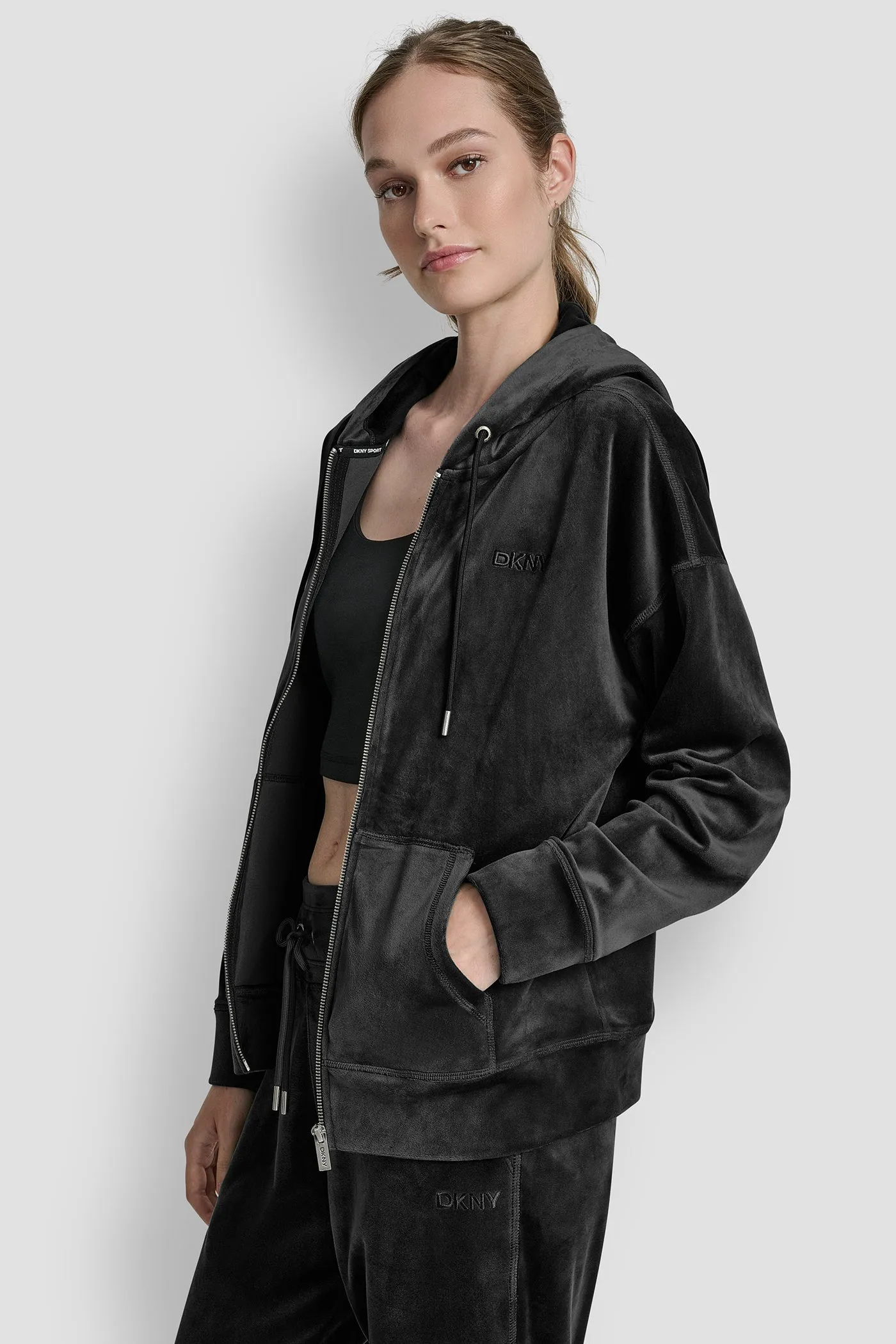 VELOUR HD EMBROIDERY LOGO FULL ZIP HOODIE sold by DKNY product image thumbnail 3