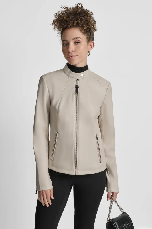 FAUX LEATHER MOTO JACKET WITH SNAP COLLAR sold by DKNY