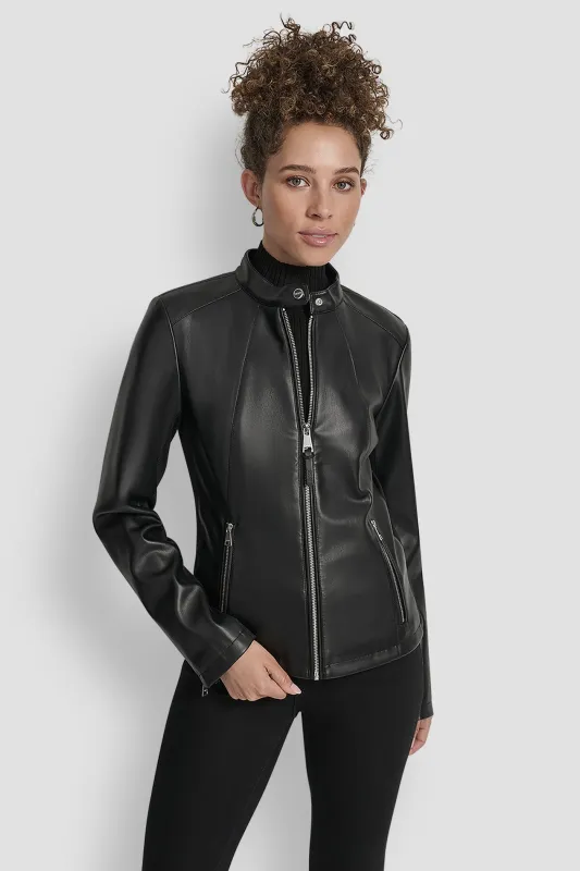 FAUX LEATHER MOTO JACKET WITH SNAP COLLAR sold by DKNY
