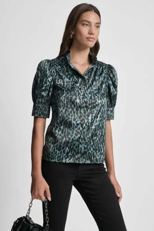 PUFF SLEEVE COLLARLESS SHIRT sold by DKNY