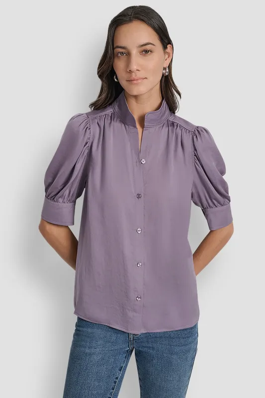 PUFF SLEEVE COLLARLESS SHIRT sold by DKNY