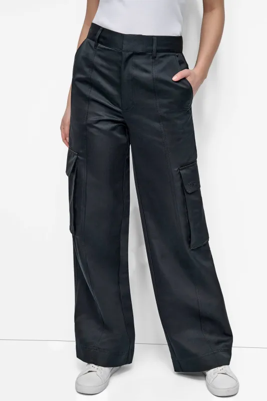 HIGH-RISE SATIN WIDE-LEG CARGO PANT sold by DKNY