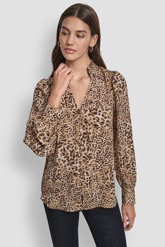 PUFF SLEEVE SMOCKED COLLARLESS SHIRT made by DKNY