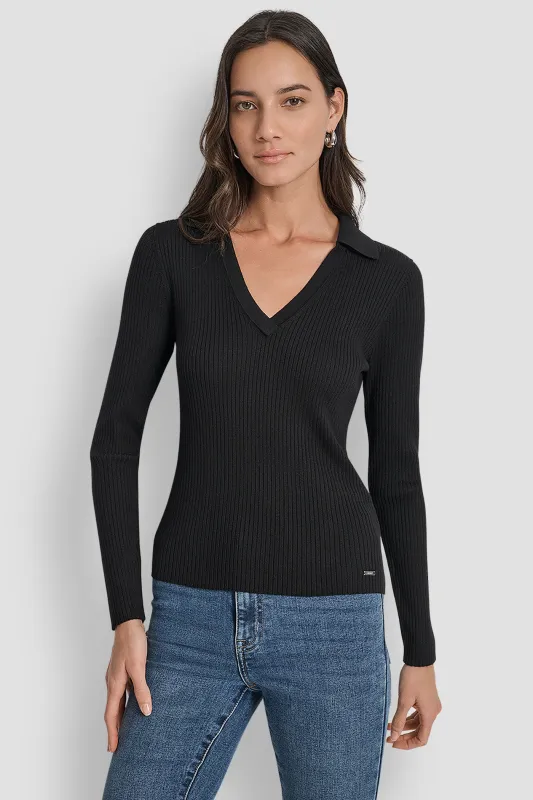 LONG SLEEVE RIB POLO SWEATER made by DKNY