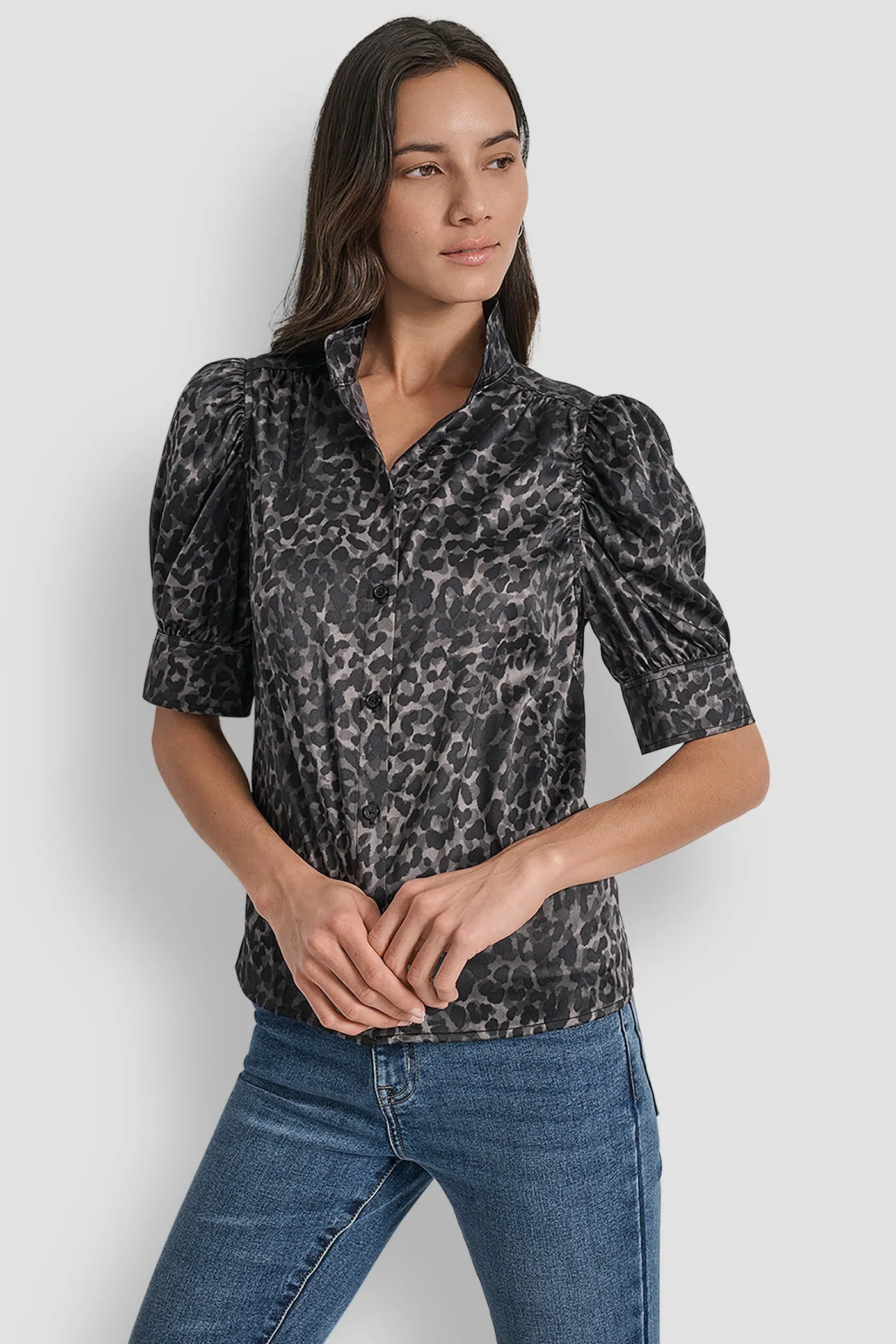 PUFF SLEEVE COLLARLESS SHIRT sold by DKNY