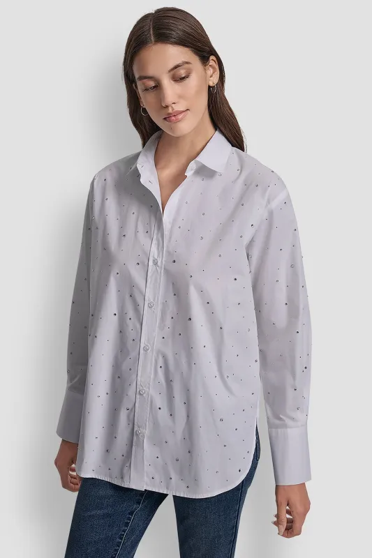 LONG SLEEVE POPLIN BUTTON FRONT SHIRT WITH RHINESTONE sold by DKNY