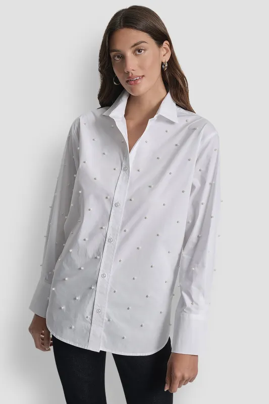 PEARL EMBELLISHED LONG SLEEVE BUTTON FRONT SHIRT sold by DKNY
