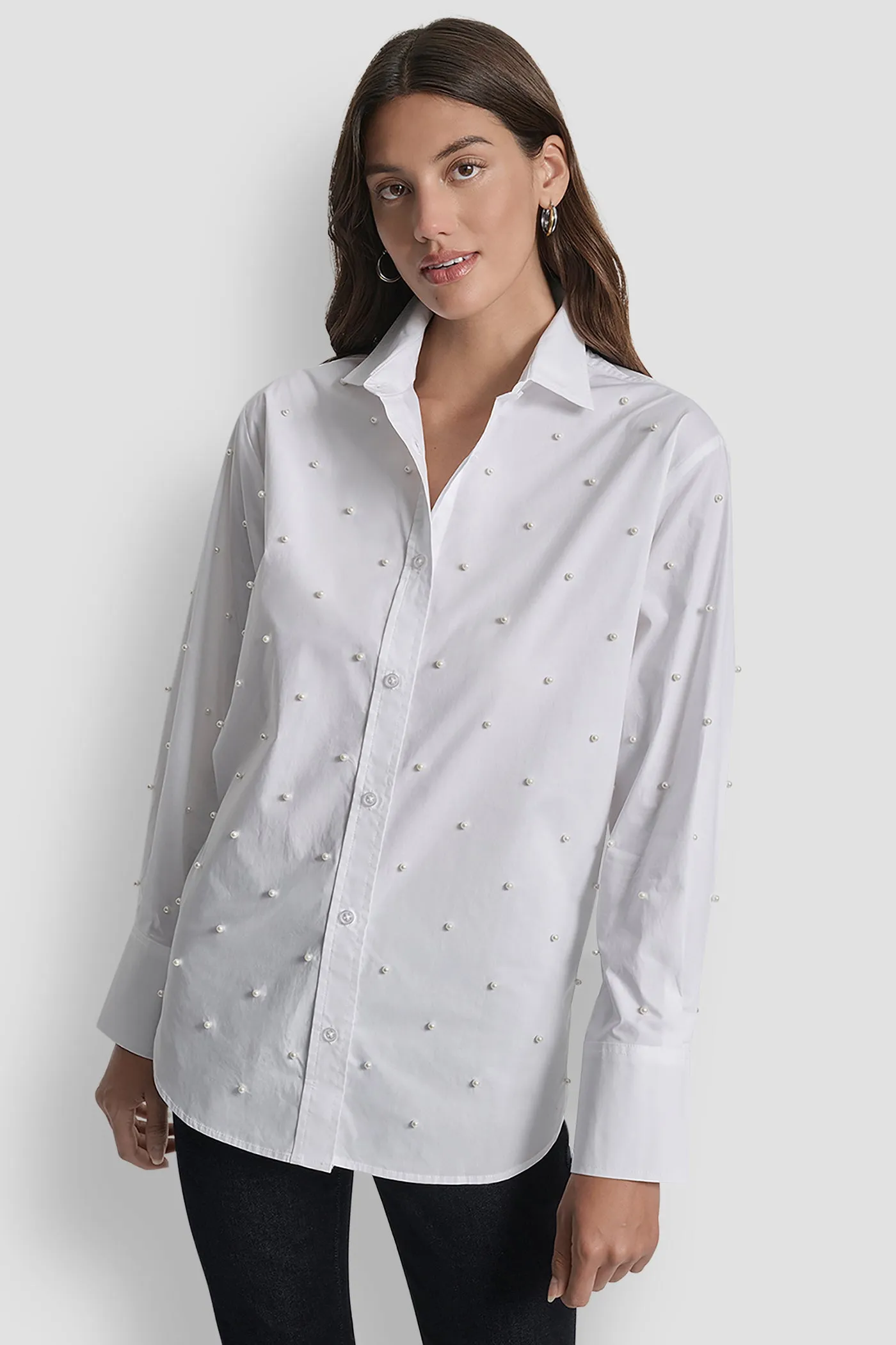 PEARL EMBELLISHED LONG SLEEVE BUTTON FRONT SHIRT sold by DKNY