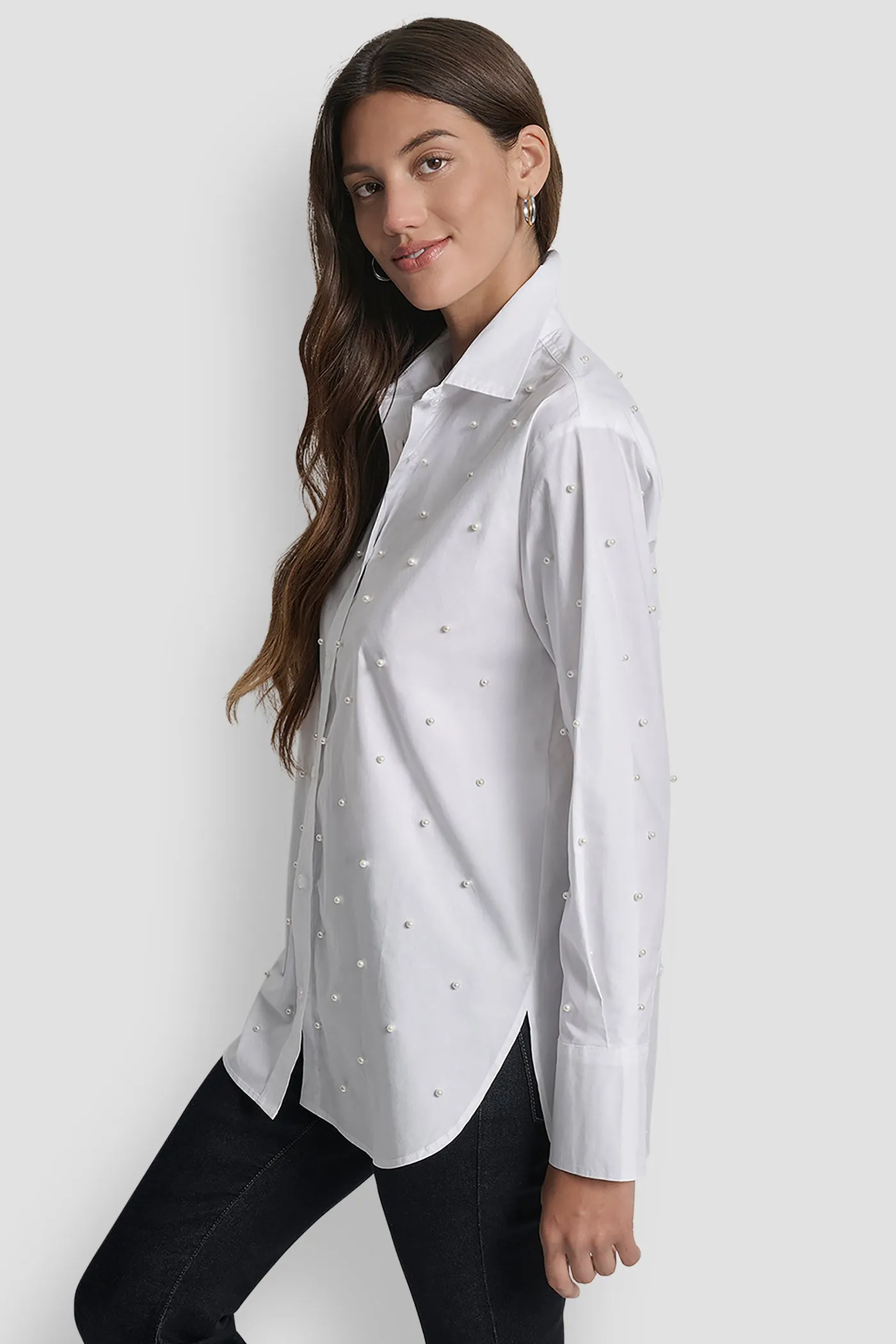 PEARL EMBELLISHED LONG SLEEVE BUTTON FRONT SHIRT sold by DKNY product image thumbnail 3