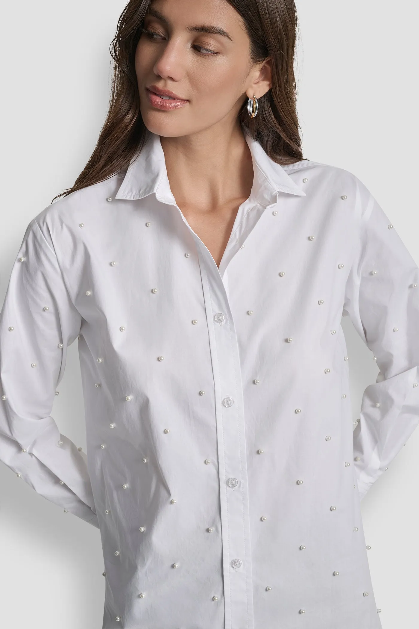 PEARL EMBELLISHED LONG SLEEVE BUTTON FRONT SHIRT sold by DKNY product image thumbnail 5