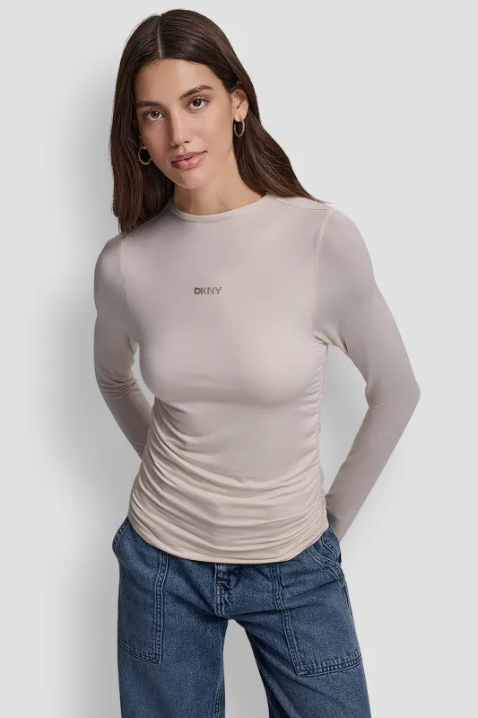SIDE RUCHED HIGH NECK LONG SLEEVE TOP WITH RHINESTONE made by DKNY