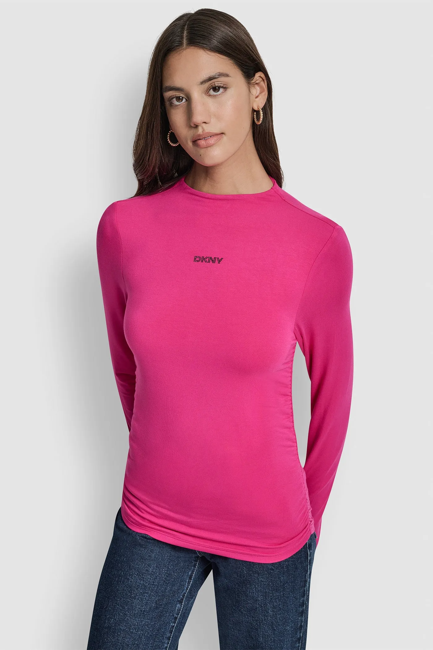 SIDE RUCHED HIGH NECK LONG SLEEVE TOP WITH RHINESTONE sold by DKNY