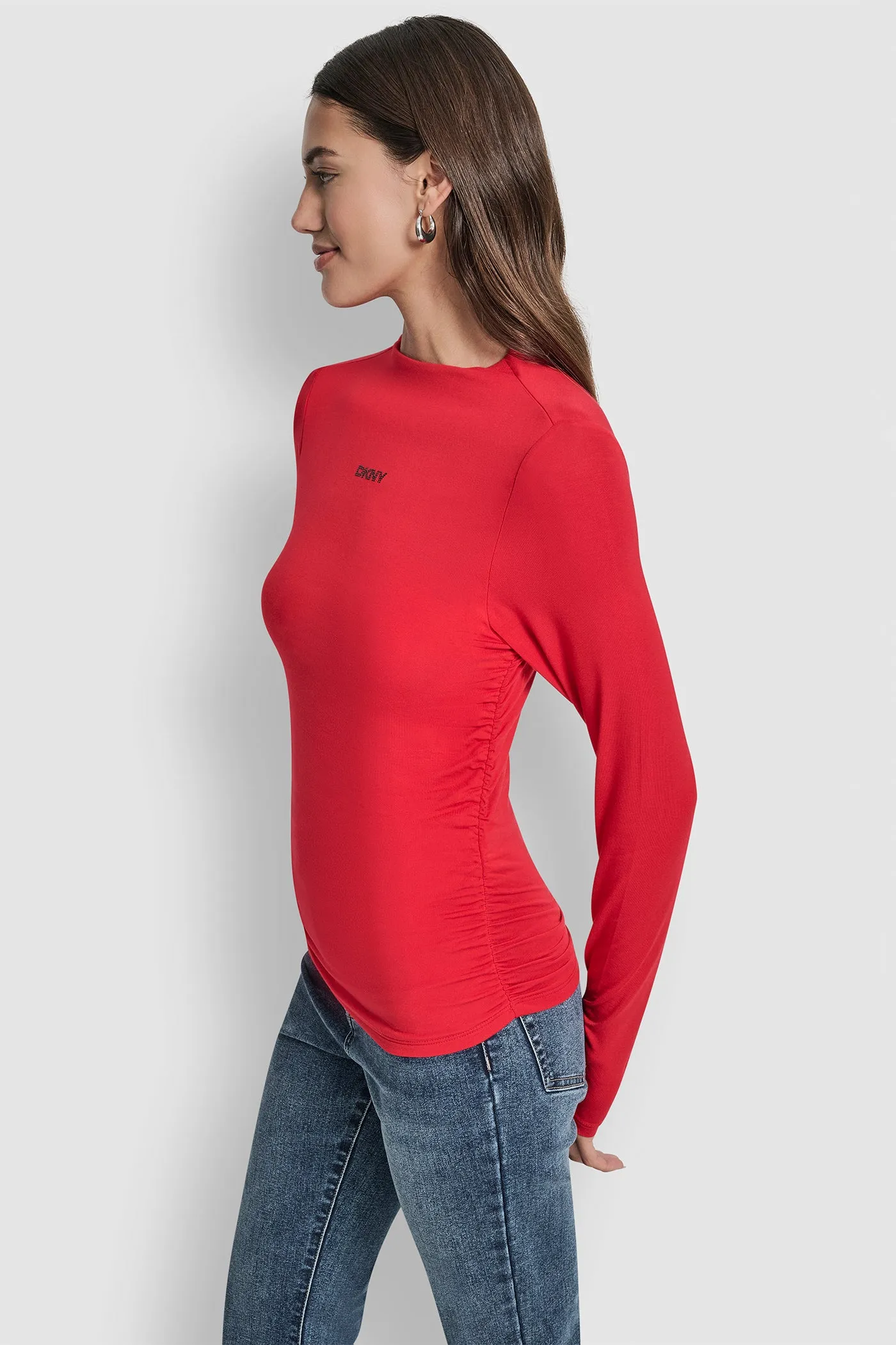 SIDE RUCHED HIGH NECK LONG SLEEVE TOP WITH RHINESTONE sold by DKNY product image thumbnail 3