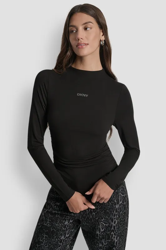 SIDE RUCHED HIGH NECK LONG SLEEVE TOP WITH RHINESTONE made by DKNY