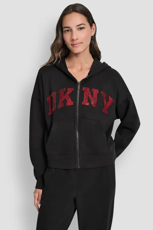 EXPLODED RHINESTONE VARISTY LOGO FULL ZIP HOODIE WITH POCKETS sold by DKNY