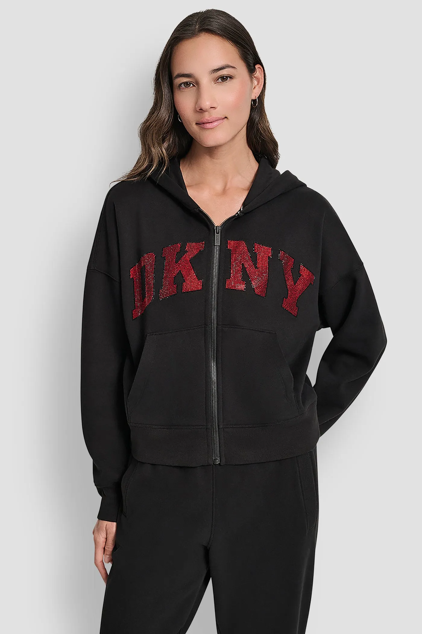 EXPLODED RHINESTONE VARISTY LOGO FULL ZIP HOODIE WITH POCKETS sold by DKNY