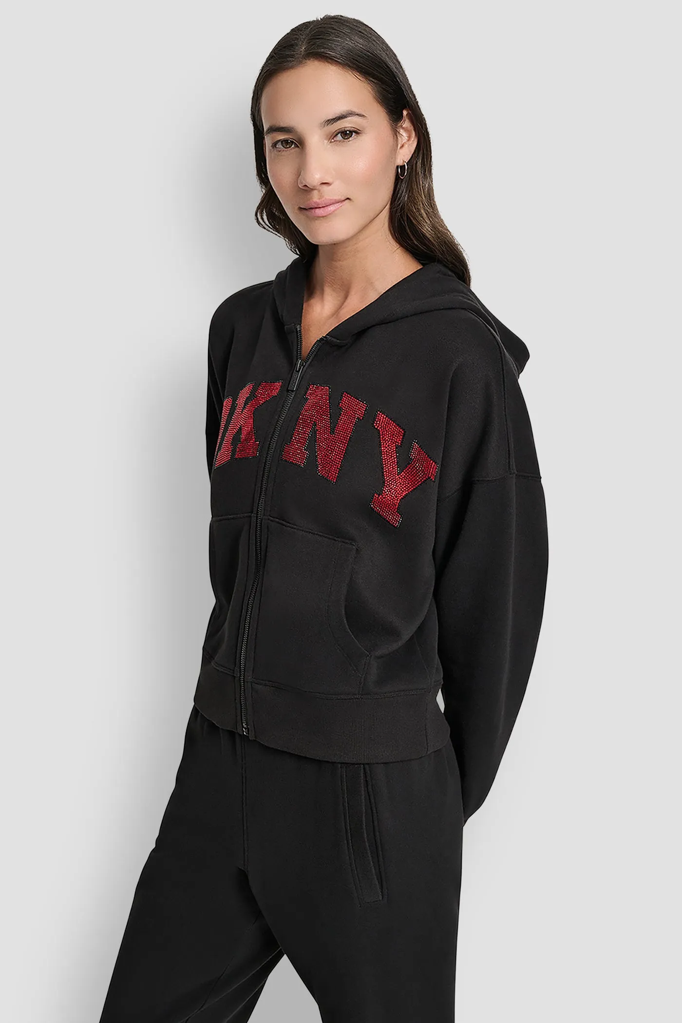 EXPLODED RHINESTONE VARISTY LOGO FULL ZIP HOODIE WITH POCKETS sold by DKNY product image thumbnail 3