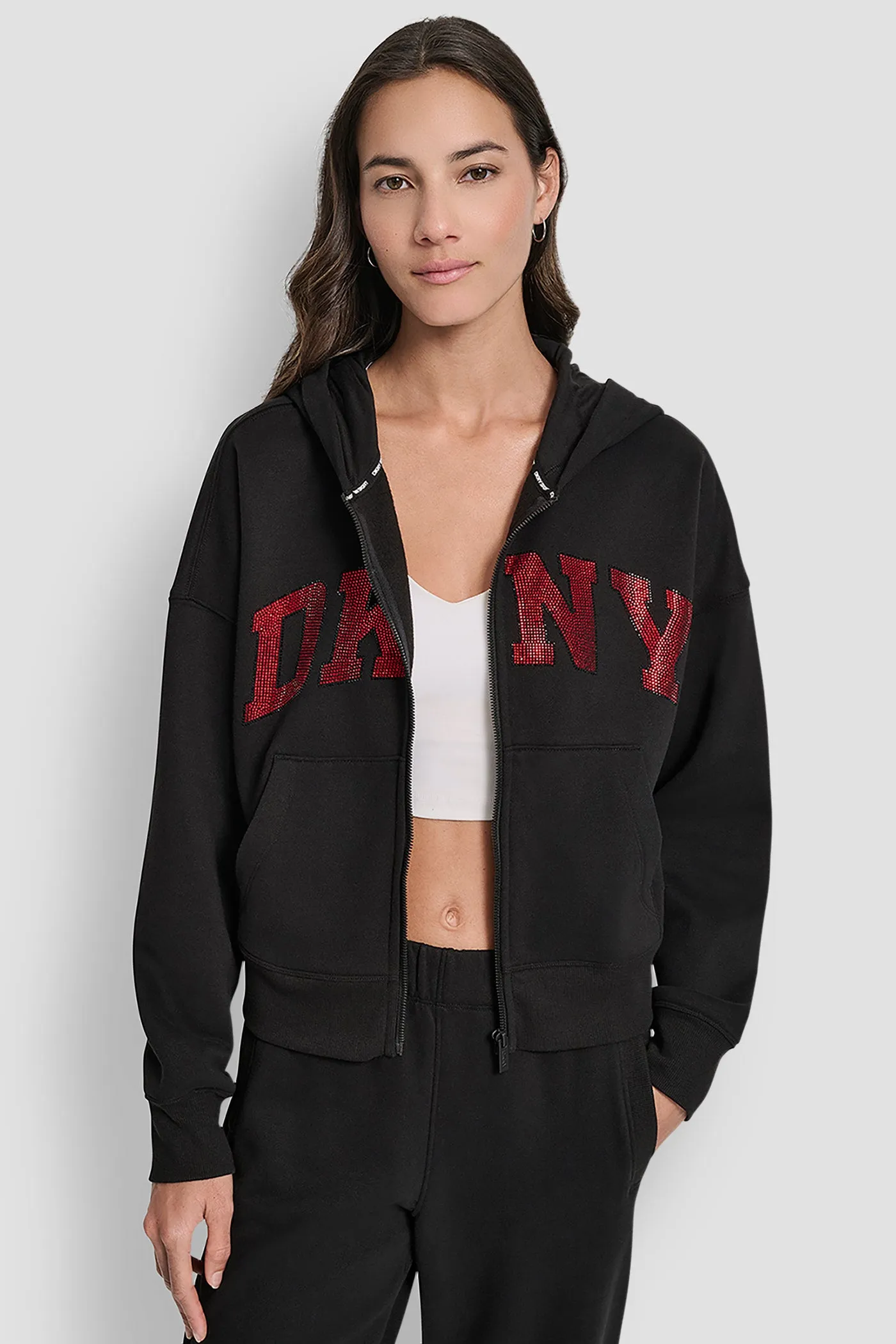 EXPLODED RHINESTONE VARISTY LOGO FULL ZIP HOODIE WITH POCKETS sold by DKNY product image thumbnail 5