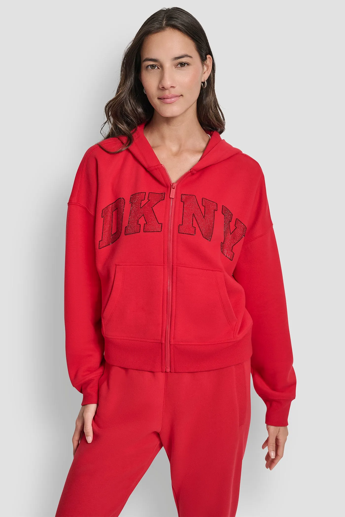 EXPLODED RHINESTONE VARISTY LOGO FULL ZIP HOODIE WITH POCKETS sold by DKNY