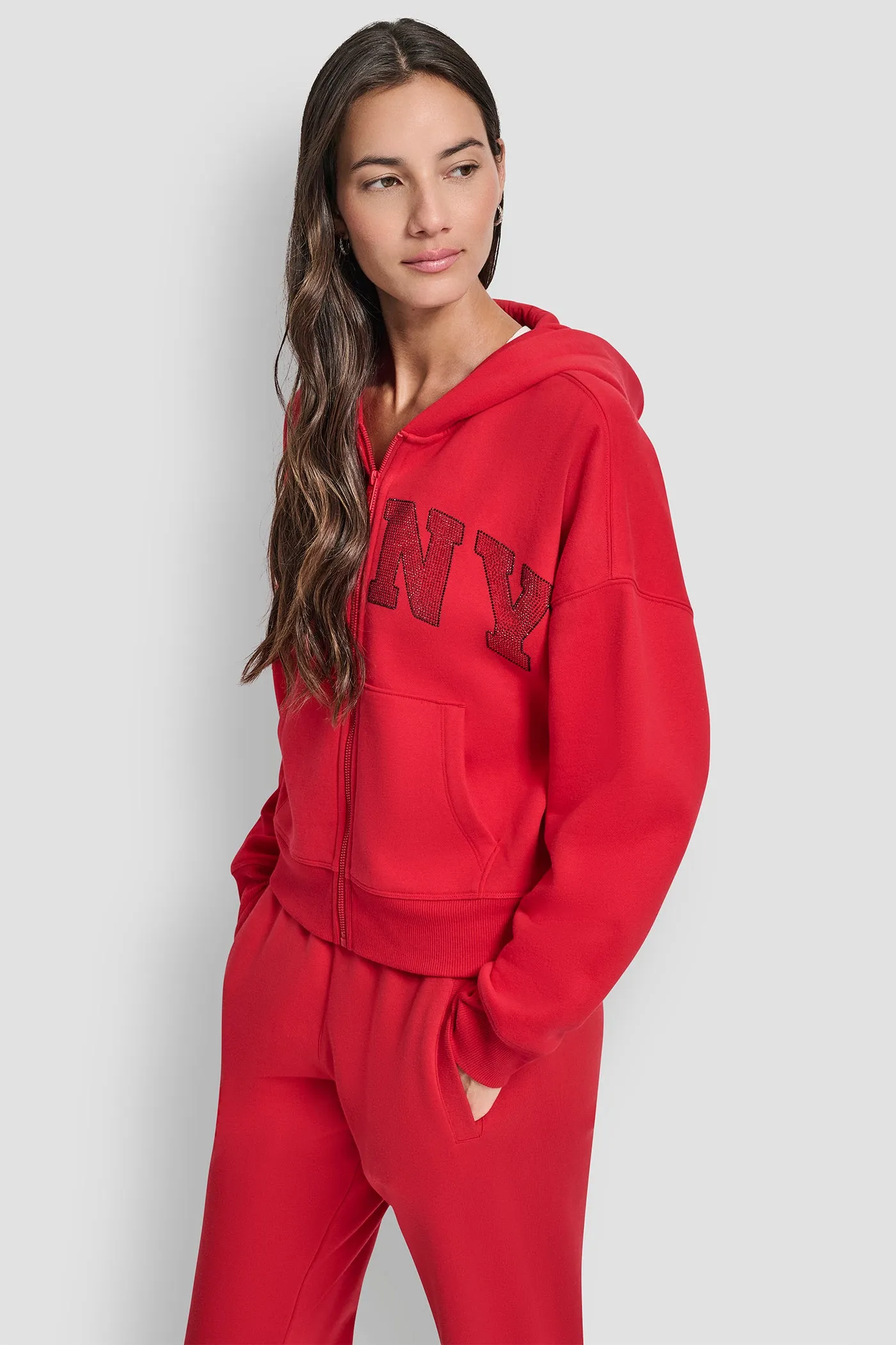 EXPLODED RHINESTONE VARISTY LOGO FULL ZIP HOODIE WITH POCKETS sold by DKNY product image thumbnail 3