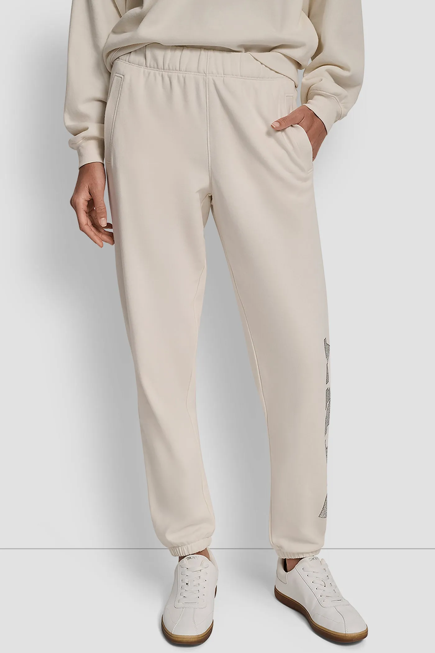 EXPLODED RHINESTONE VARISTY LOGO HIGH RISE RELAXED sold by DKNY