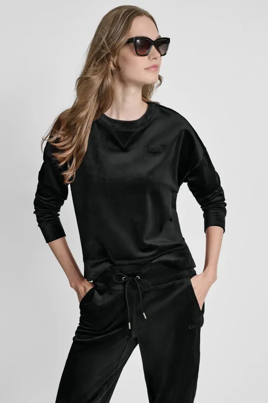 VELOUR HIGH LOW LOGO PULLOVER made by DKNY