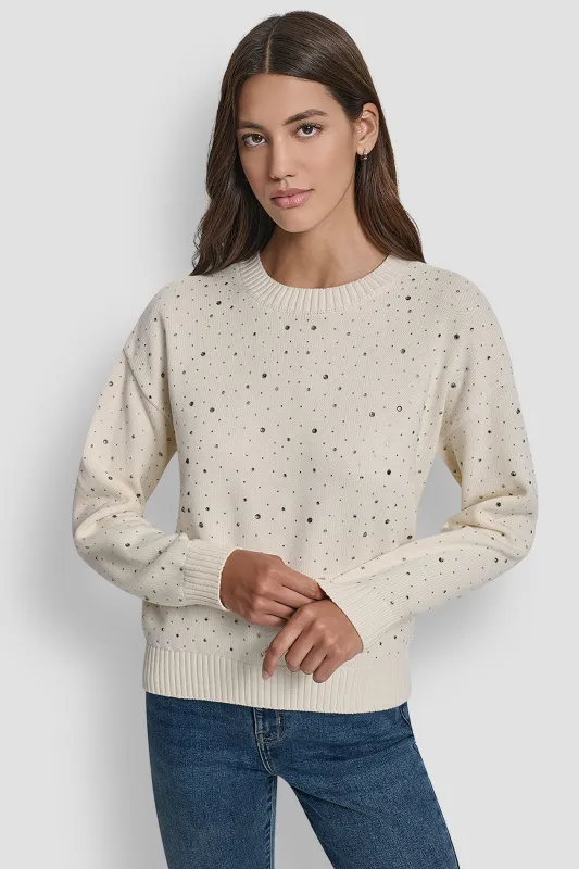 LONG SLEEVE RHINESTONE CREW NECK SWEATER sold by DKNY