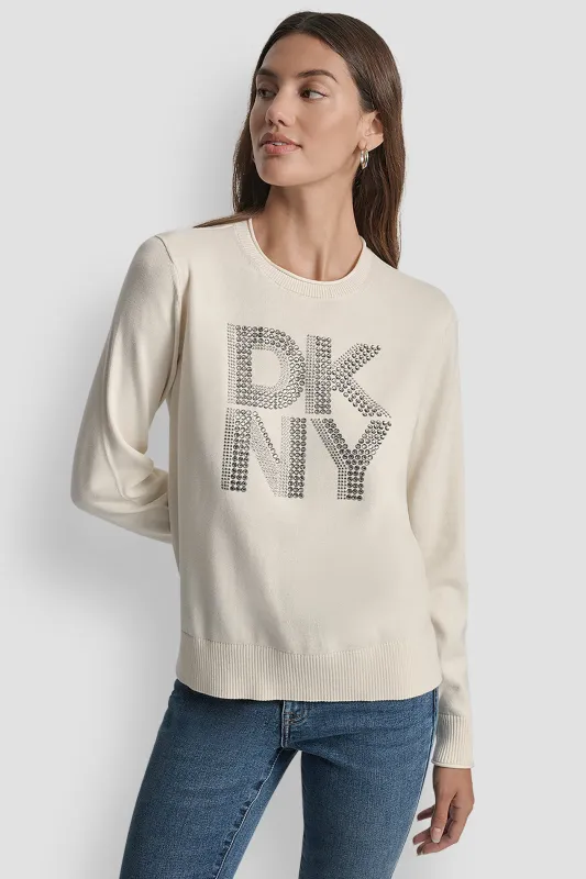 DKNY STACKED RHINESTONE LOGO LONG SLEEVE CREW NECK sold by DKNY