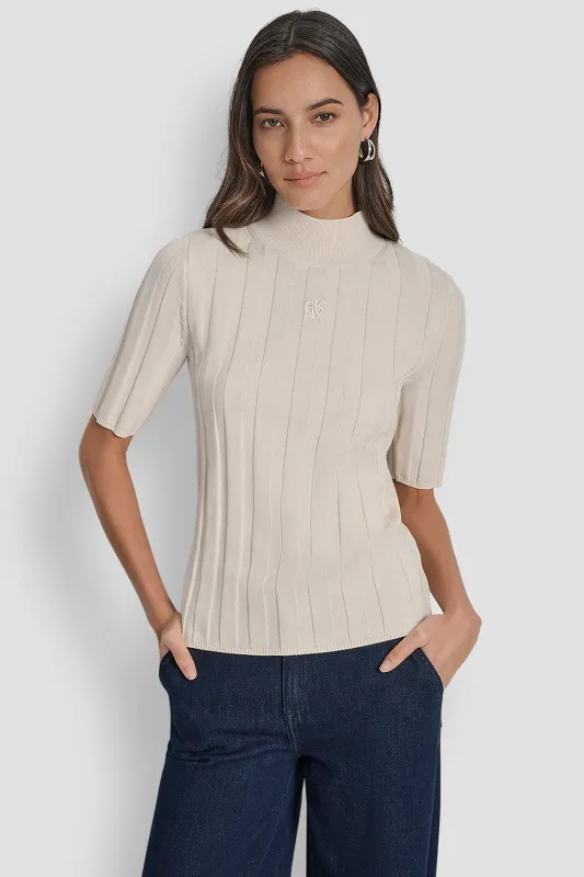 ELBOW SLEEVE WIDE RIB MOCK NECK WITH LOGO PATCH sold by DKNY