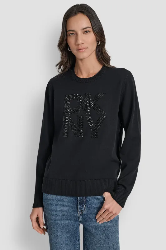 DKNY STACKED RHINESTONE LOGO LONG SLEEVE CREW NECK sold by DKNY