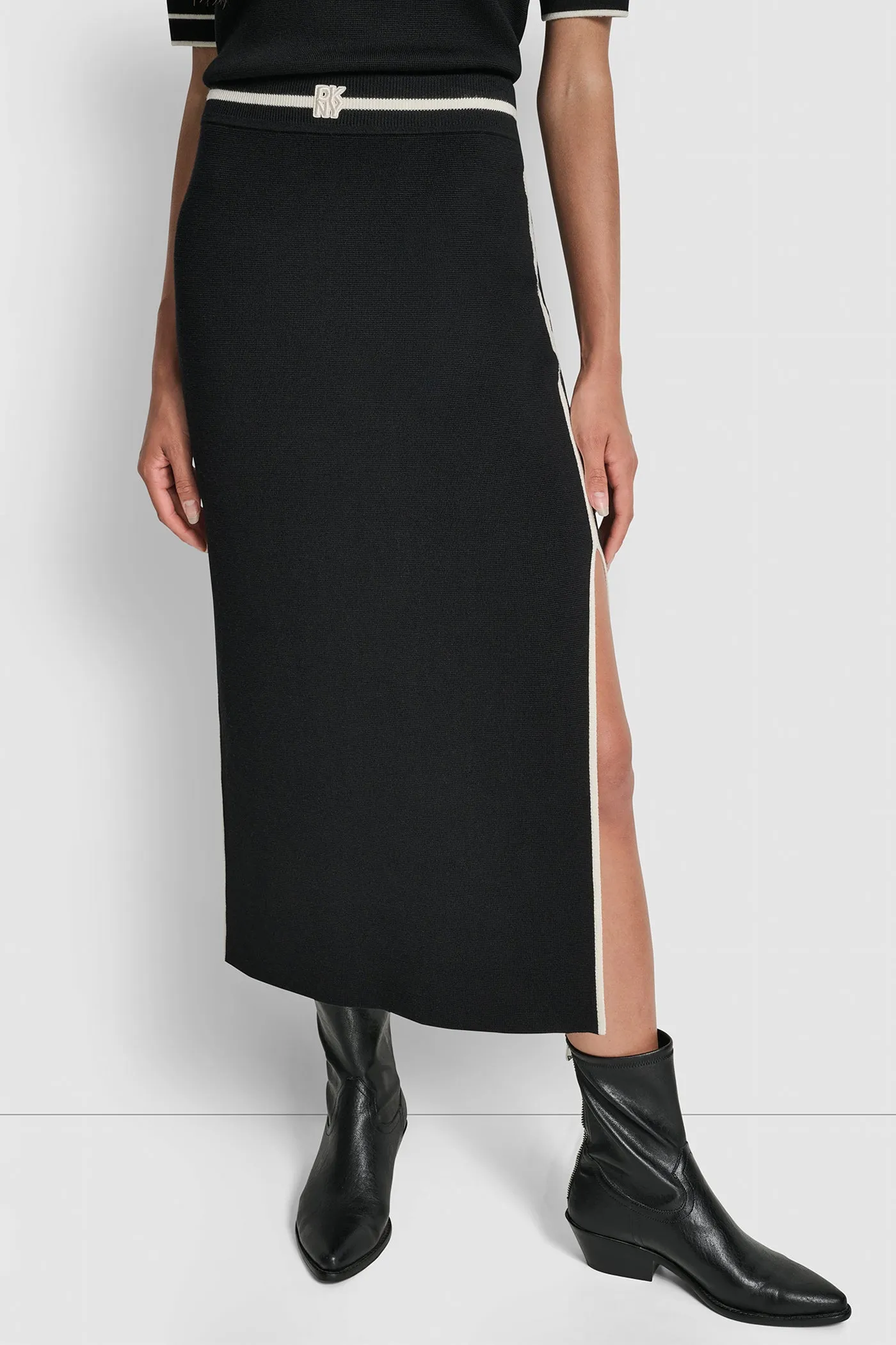 COLOR BLOCK MAXI SKIRT WITH SIDE SLITS AND LOGO PATCH sold by DKNY