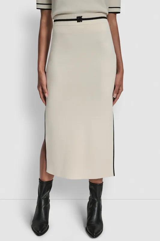 COLOR BLOCK MAXI SKIRT WITH SIDE SLITS AND LOGO PATCH sold by DKNY